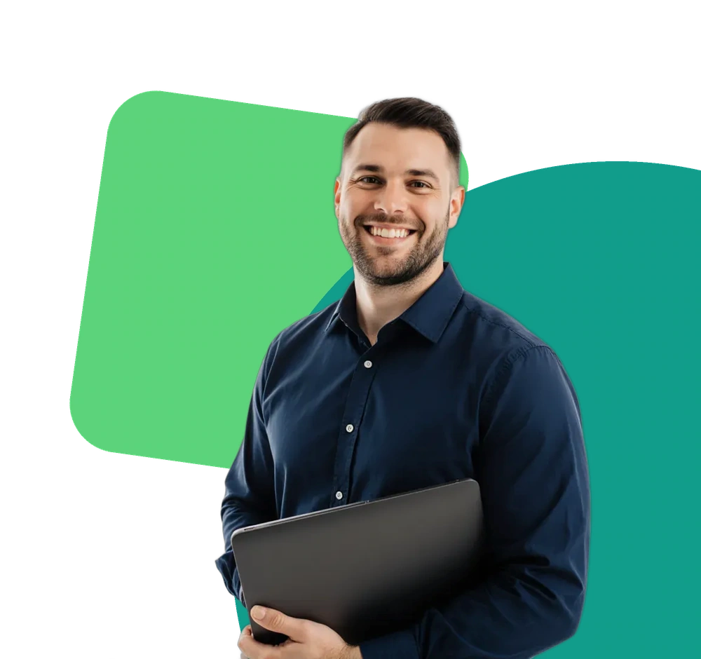 Credentialfied billing specialist holding a laptop