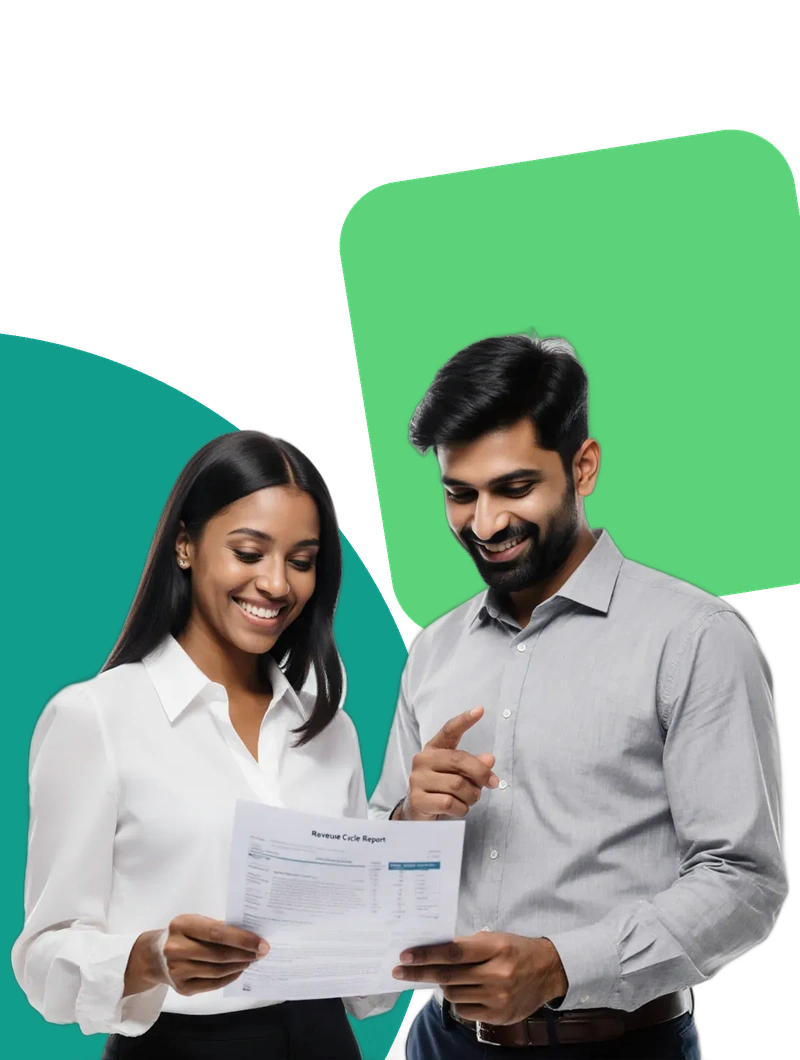 Two Credentialfied specialists reviewing a revenue cycle report